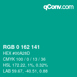 カラーコード: RGB 0 162 141 | qconv.com