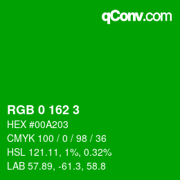 カラーコード: RGB 0 162 3 | qconv.com