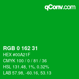 カラーコード: RGB 0 162 31 | qconv.com