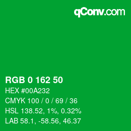 カラーコード: RGB 0 162 50 | qconv.com