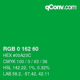 カラーコード: RGB 0 162 60 | qconv.com