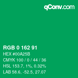 カラーコード: RGB 0 162 91 | qconv.com