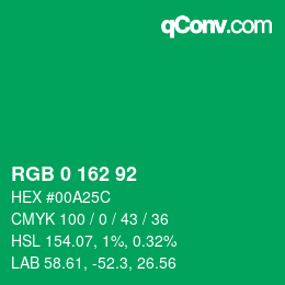 カラーコード: RGB 0 162 92 | qconv.com
