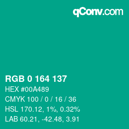 カラーコード: RGB 0 164 137 | qconv.com