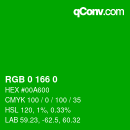 カラーコード: RGB 0 166 0 | qconv.com