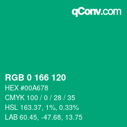 カラーコード: RGB 0 166 120 | qconv.com