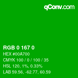 Color code: RGB 0 167 0 | qconv.com