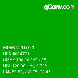 カラーコード: RGB 0 167 1 | qconv.com