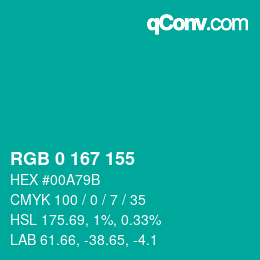 Color code: RGB 0 167 155 | qconv.com