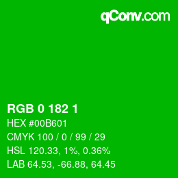 カラーコード: RGB 0 182 1 | qconv.com