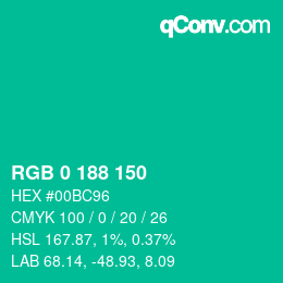 カラーコード: RGB 0 188 150 | qconv.com