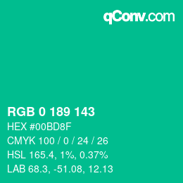 カラーコード: RGB 0 189 143 | qconv.com