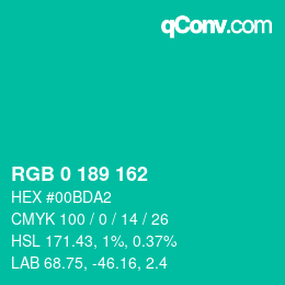 カラーコード: RGB 0 189 162 | qconv.com