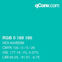 Color code: RGB 0 189 180 | qconv.com
