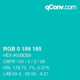Color code: RGB 0 189 185 | qconv.com