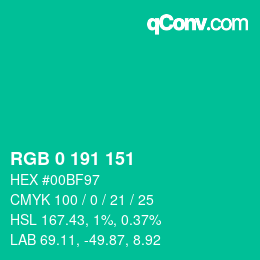 カラーコード: RGB 0 191 151 | qconv.com
