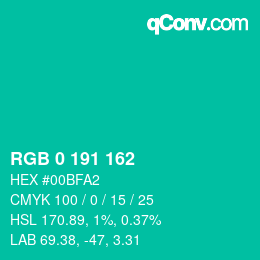 カラーコード: RGB 0 191 162 | qconv.com