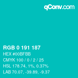 颜色代码: RGB 0 191 187 | qconv.com