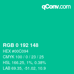 カラーコード: RGB 0 192 148 | qconv.com