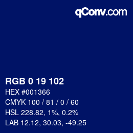 Color code: RGB 0 19 102 | qconv.com