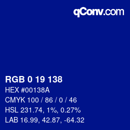 颜色代码: RGB 0 19 138 | qconv.com