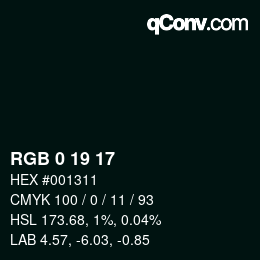 Color code: RGB 0 19 17 | qconv.com