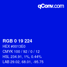 Color code: RGB 0 19 224 | qconv.com