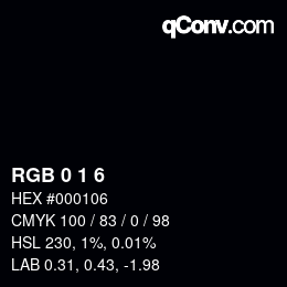 カラーコード: RGB 0 1 6 | qconv.com