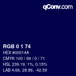 カラーコード: RGB 0 1 74 | qconv.com