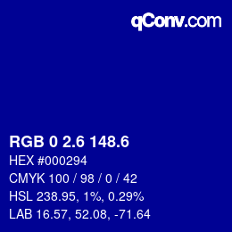 カラーコード: RGB 0 2.6 148.6 | qconv.com