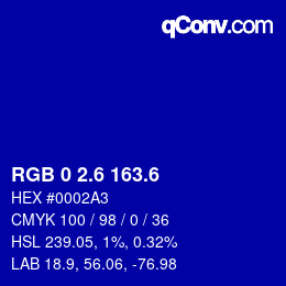 カラーコード: RGB 0 2.6 163.6 | qconv.com