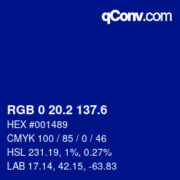 カラーコード: RGB 0 20.2 137.6 | qconv.com