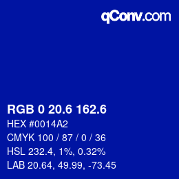 カラーコード: RGB 0 20.6 162.6 | qconv.com