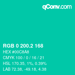 カラーコード: RGB 0 200.2 168 | qconv.com