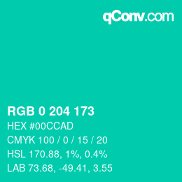 Color code: RGB 0 204 173 | qconv.com