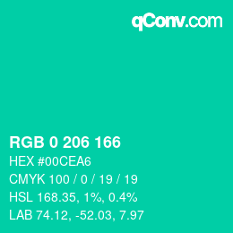 カラーコード: RGB 0 206 166 | qconv.com