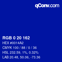 カラーコード: RGB 0 20 162 | qconv.com