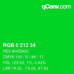 カラーコード: RGB 0 212 34 | qconv.com