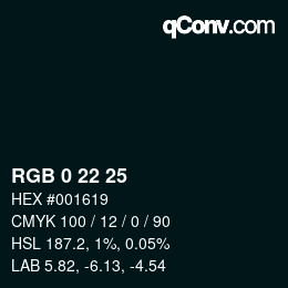 Color code: RGB 0 22 25 | qconv.com