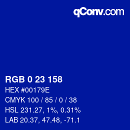 カラーコード: RGB 0 23 158 | qconv.com