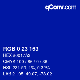 Color code: RGB 0 23 163 | qconv.com