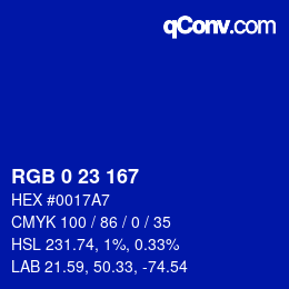 Color code: RGB 0 23 167 | qconv.com