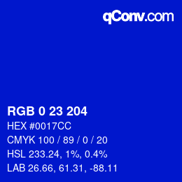 Farbcode: RGB 0 23 204 | qconv.com