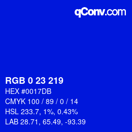 Color code: RGB 0 23 219 | qconv.com