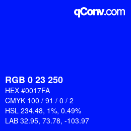 颜色代码: RGB 0 23 250 | qconv.com