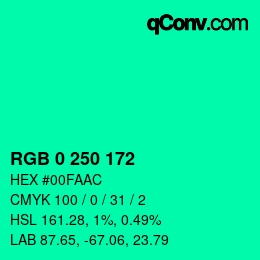 Color code: RGB 0 250 172 | qconv.com