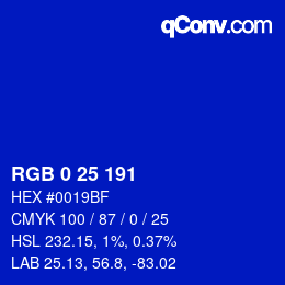 Color code: RGB 0 25 191 | qconv.com