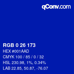 Color code: RGB 0 26 173 | qconv.com