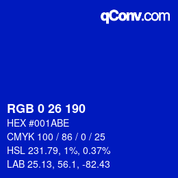Color code: RGB 0 26 190 | qconv.com