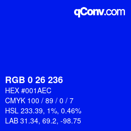 Color code: RGB 0 26 236 | qconv.com